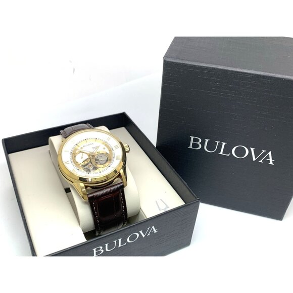Bulova Men's Watch 97A121 Automatic Gold Tone Case Brown Leather Band 41mm - Picture 3 of 14